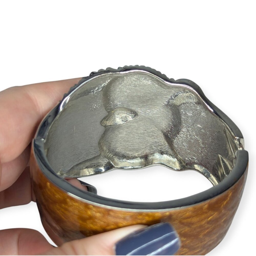 Wide Owl Cuff Silver Tone & Brown Accent Bangle Bracelet Hinged Fashion Jewelry - Picture 7 of 11
